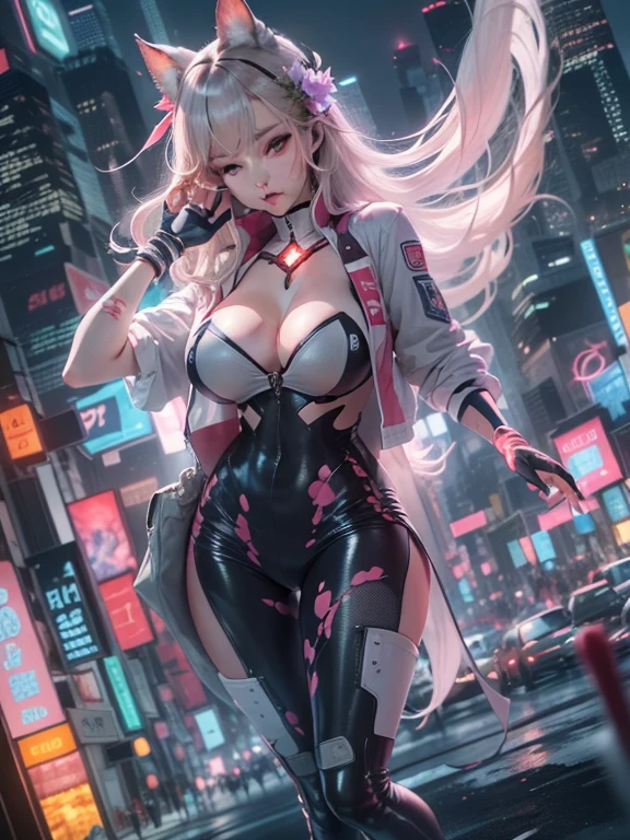 (((tmasterpiece)))、(((top-quality)))、((ultra-definition))、(High Definition CG Illustration)、((Extremely Delicately Beautiful))、The future city、Cinematic light、独奏、full body Esbian、Beautiful neon lights、2080s、anime big breast、Beautiful girl、Two-tailed girl、trending on artstationh、Rachel Walker、