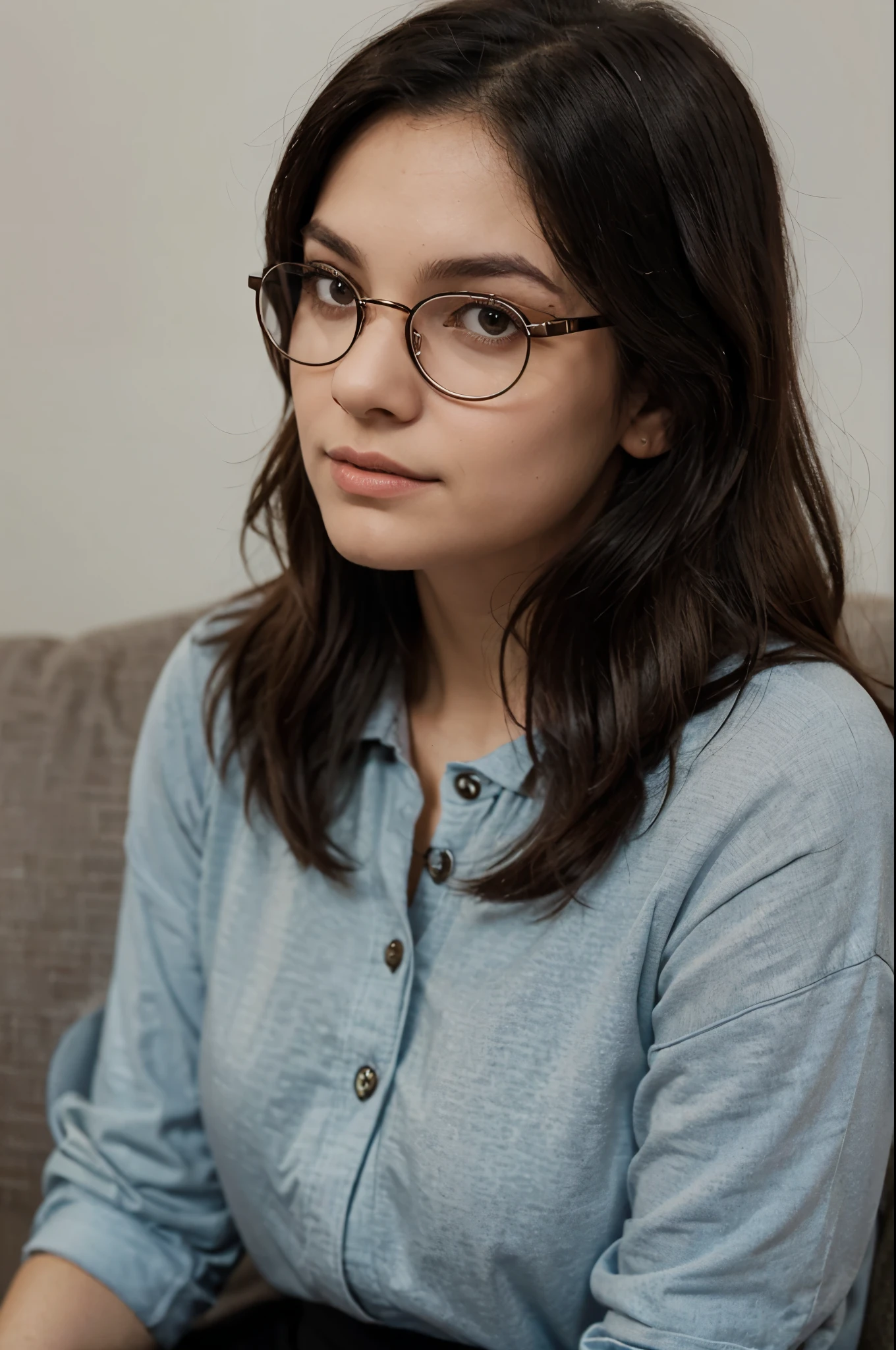 there is a woman sitting on a couch with her hand on her chin, with glasses, wavy long black hair and glasses, with glasses on, girl with glasses, girl wearing round glasses, spectacled, wearing black rimmed glasses, !!wearing modern glasses!!, high quality portrait, she wears harry potter glasses, thick round spectacles, thick glasses, profile image, glasses