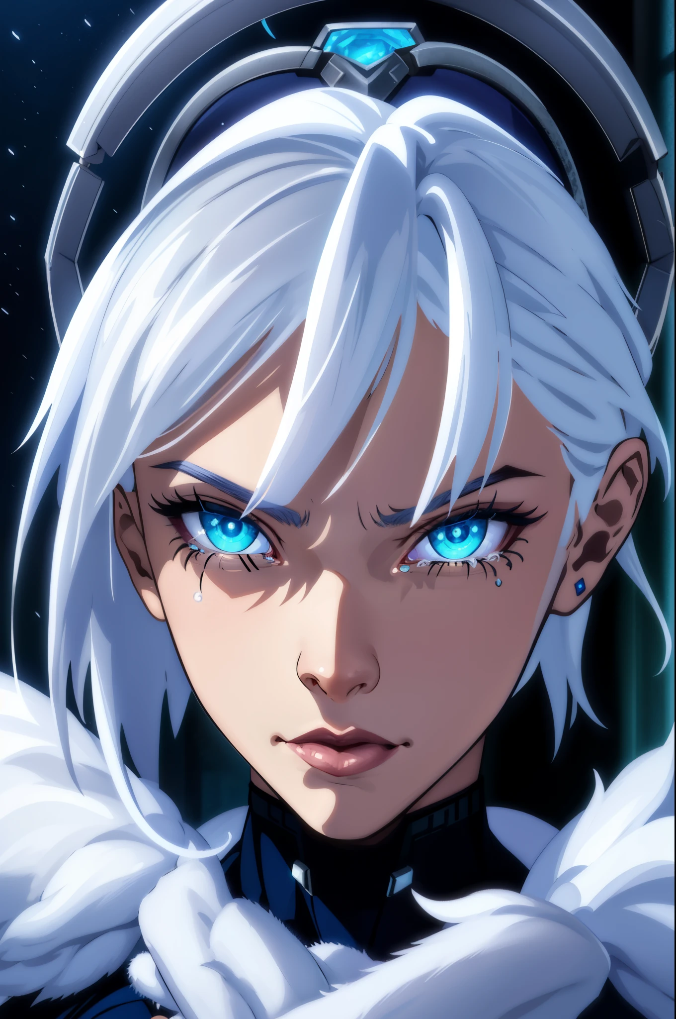 (extremely detailed CG unity 4k wallpaper),(masterpiece),(best quality),(ultra-detailed),(best illustration),(best shadow),(absurdres),(detailed background) Killer frost, Close up, Angry, tears, blizzard, heavy snow, winter, night, white hair, blue eyes,