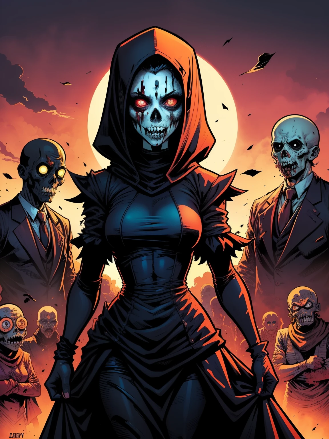 (((COMIC STYLE, CARTOON ART))).  A hot gothic necromancer girl on cemitery, woman in medieval black dress, HOT BODY, sensual. ((on cemitery)) under the moonlight. ((( Body covered in blood))). Full growth in the frame. higly detailed. ((Zombies in background)).