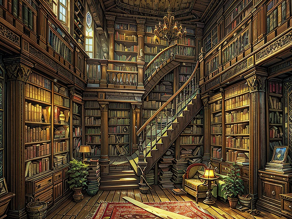 （（（masterpiece、Highest image quality、highest quality、highly detailed unity 8ｋwallpaper）））、（（（fantasy、grand library、Castle library）））、（Large amount of books、Lined bookshelves、large staircase、３Storey）、high ceilings、dimly lit room、A messy floor with piles of books