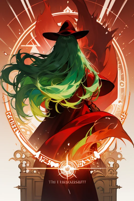 red hat、red long leather coat、long hair、Deep green hair、26 years old、fantasy、Eyes are long、lashes are long、highest quality、masterpiece、fire wizard、The back is a magic circle of flame