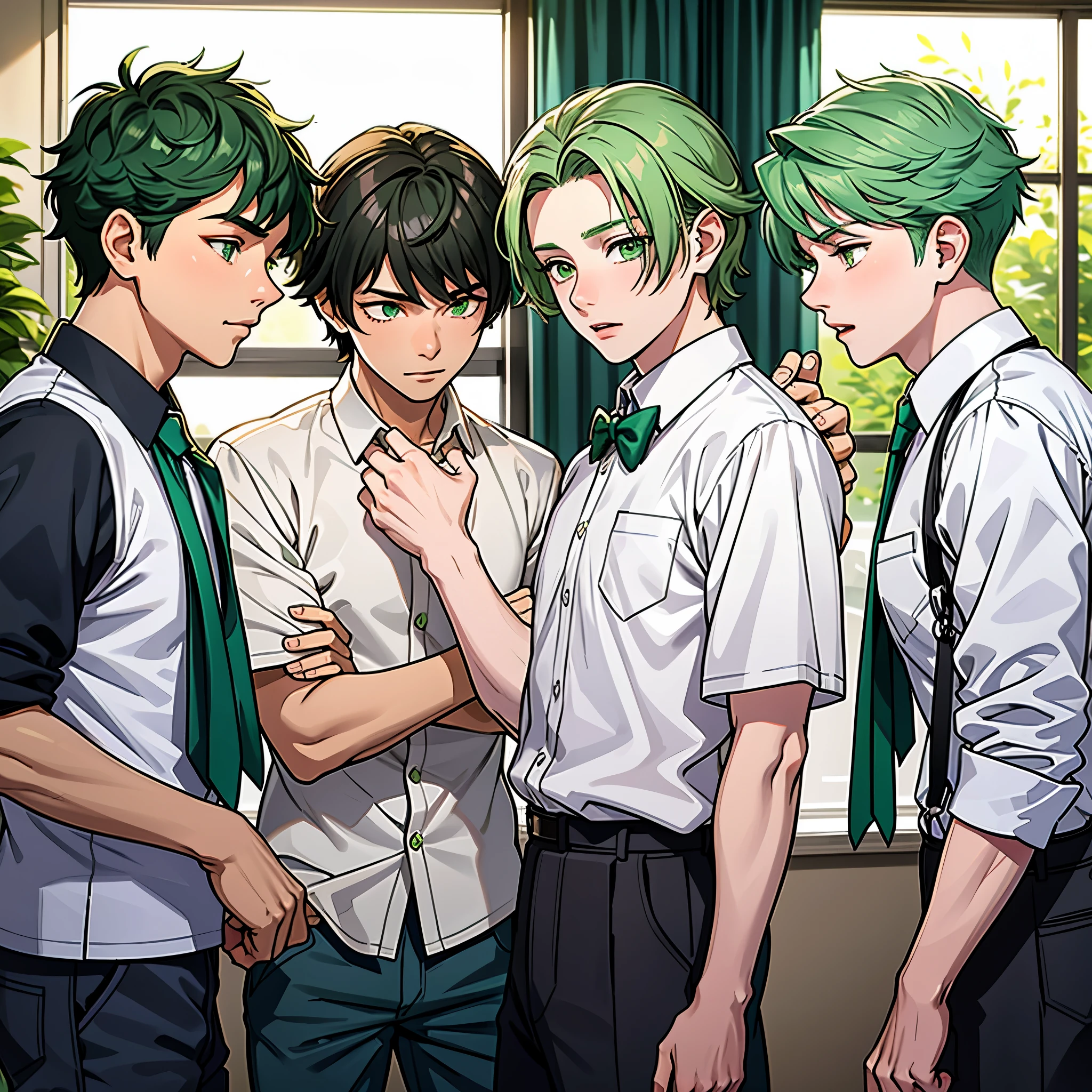 The 4 handsome boys at school are talking with concern about something important that will happen. They are anxious and worried. They are in the school classrooms. They are 14 and 15 years old. They have green hair, green eyes.