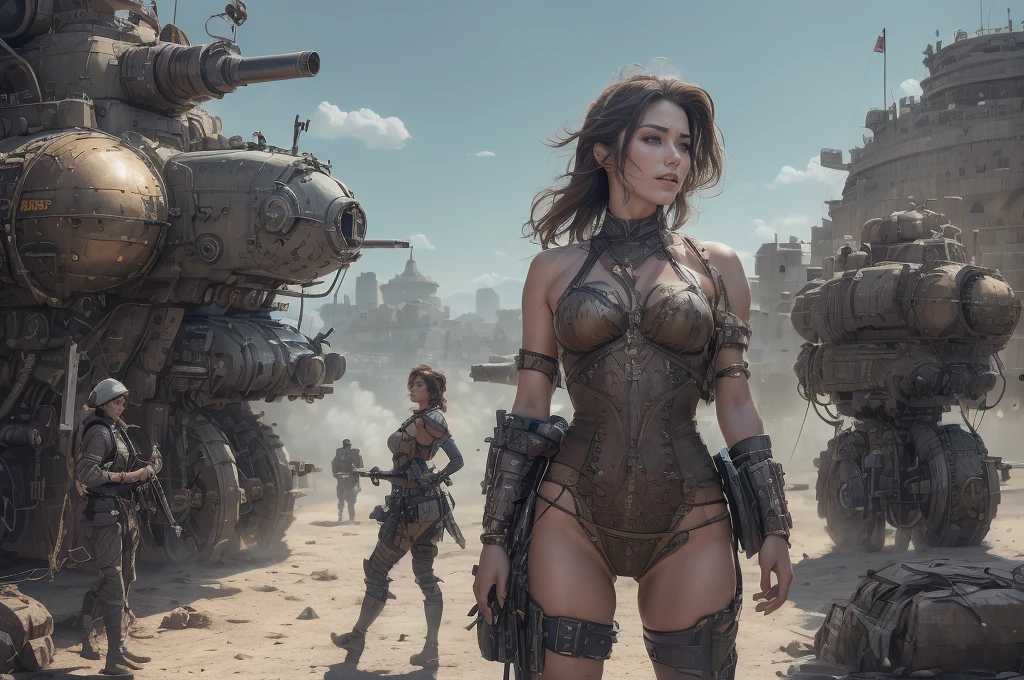 Ultra realistic 16K CG, masterpiece, Best Composition, Photo quality, work of art, Against the backdrop of the impregnable citadel of the empire, in the background are tall battle towers with huge heavy cannons, Detailed Imperial Star Super Dreadnought , side view, high detail, Lots of elements, flying transports, flying cargo ships, cranes, Manipulators. Sun rays, on the sides there are many detailed artillery batteries, The Distant Future, Undressed girl, naked slave, there are cyborgs and spider robots around her, The girl is tied up, Hands behind your back, Shibari, hands tied, Legs tied, pain, fear, a coastal fort is shelling a ship, tight rope bondage, in the hands of a super powerful sniper gun, optical sight and a knife mounted on the barrel, A huge Swiss army is advancing, hundreds of pieces of equipment, general battle, армия Lots of elements