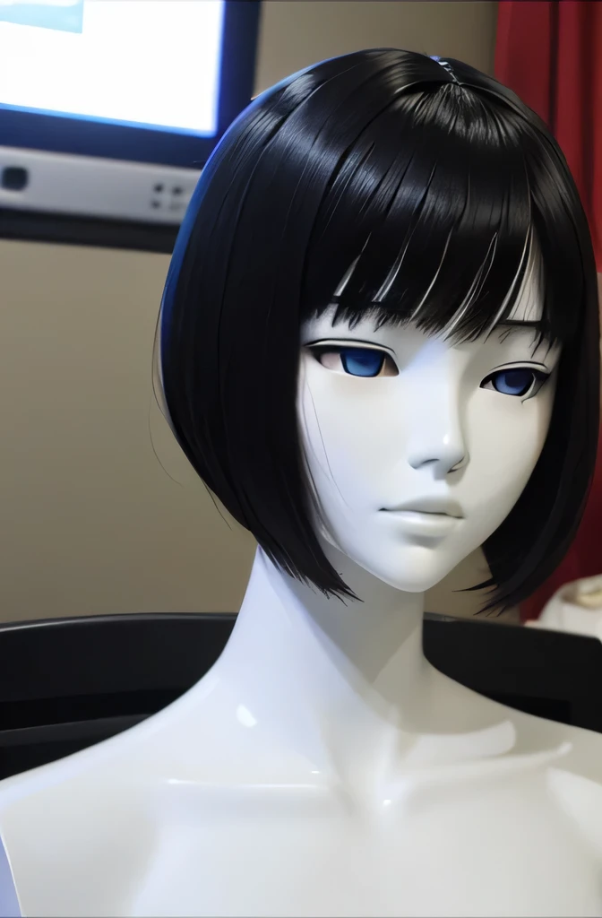 One mannequin deep kisses the computer,That mannequin is Erika Ikuta.,That mannequin is a college student.,mannequin color'my face is white.,mannequin color'The body is pure white.,The mannequin has black hair(Bangs Patsun),mannequin color'eyes are black.mannequin is wearing a girl'high school uniform.,a mannequin is sitting