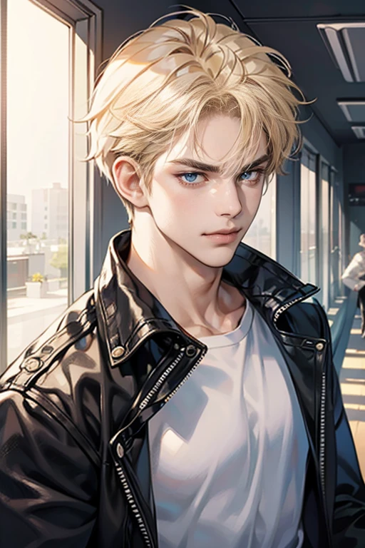 (tmasterpiece, high resolution, ultra - detailed:1.0), (1 boy, Young male, masculine face), Perfect male thai handaome, Delicate eyes and delicate face, Extremely detailed CG, Unity 8k wallpaper, Complicated details, Detailed face, (blond hair, messy hair, serious faces, white shirts,Bad students), (frown,evil smile:1.3), Standing in school corridor,black leather jacket, color difference, Depth of field, dramatic shadow, Ray tracing, Best quality, Cinematic lighting, offcial art,Portrait