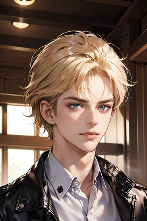 (tmasterpiece, high resolution, ultra - detailed:1.0), (1 boy, Young male, masculine face), Perfect male thai handaome, Delicate eyes and delicate face, Extremely detailed CG, Unity 8k wallpaper, Complicated details, Detailed face, (blond hair, messy hair, serious faces, white shirts,Bad students), (frown,evil smile:1.3), Standing in school corridor,black leather jacket, color difference, Depth of field, dramatic shadow, Ray tracing, Best quality, Cinematic lighting, offcial art,Portrait