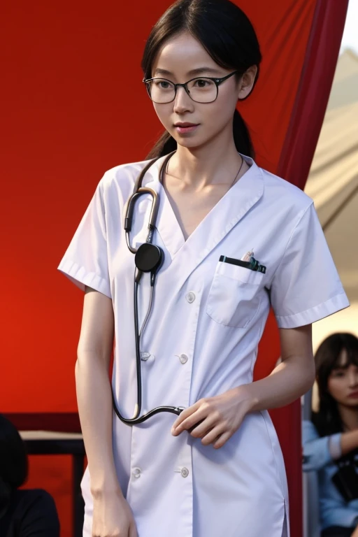 charming white chinese female, nude, 30yo, glasses, very tiny, anorexic, very skinny, very small breast, skinny legs, naked, doctor shirt, wear stethoscope, speak to people, among the people, explain something, open mouth, talk to people, talk to the mic, very crowded, in the african camp, among the huge blackman, among people, 4k, 8k, highres, best quality, realistic