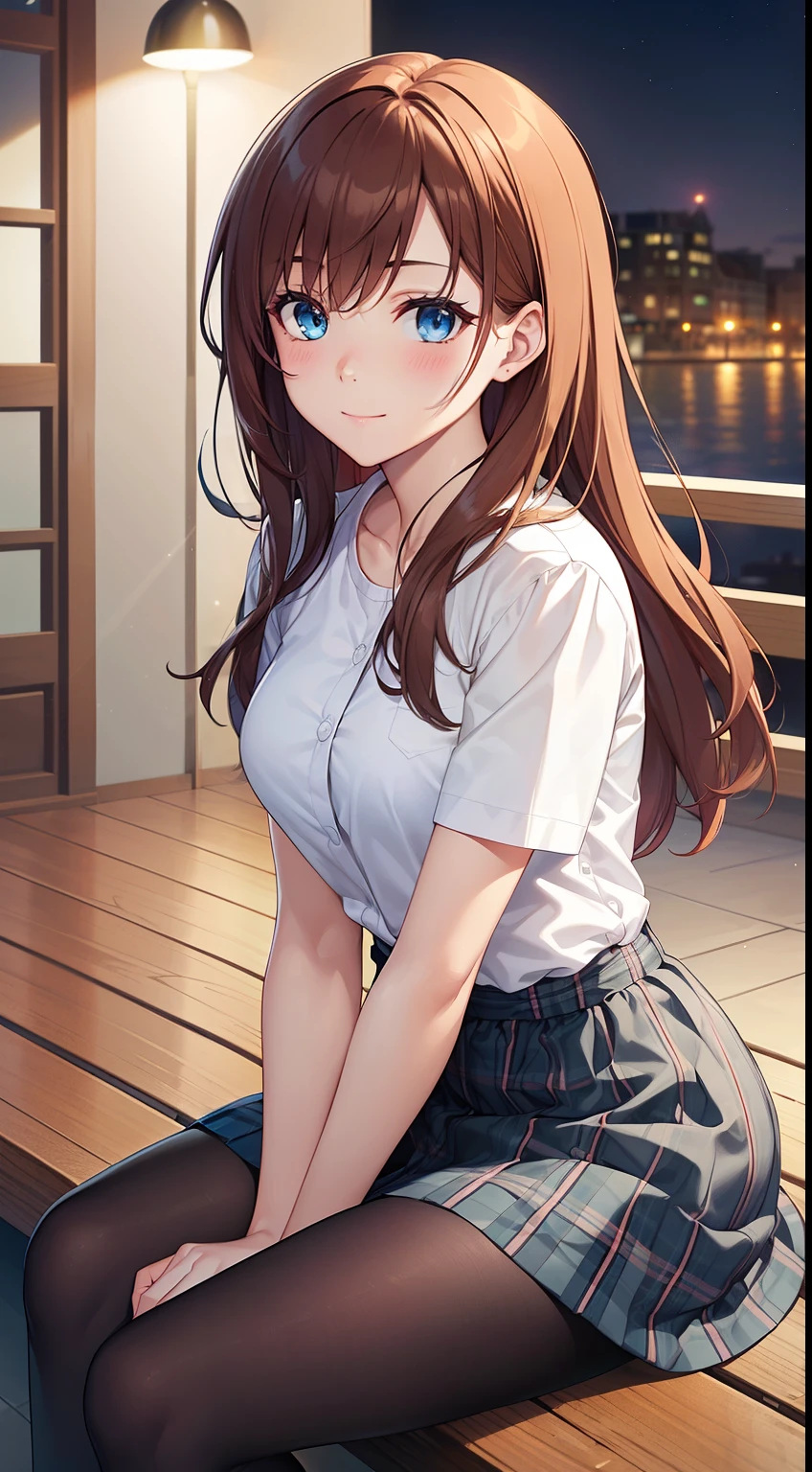 ((best quality, high resolution, pixel perfect, 4K))), 1girl in, single, alone, Beauty、see whole body、 ((Long hair to waist, Short Liuhai, reddish brown hair)), ((blue eyes, beautiful eyelashes, realistic eyes)), ((Detailed face, blush:1.2)), ((smooth texture:0.75, lifelike质感:0.65, lifelike:1.1, Anime CG style)), medium breasts, Perfect body, ((short sleeve shirt, light blue skirt, Plaid skirt,Black tights)), smile in love, Sitting sideways on a bench, hands on knees、(The wind is strong and blows my hair，The chest is exposed、Black tights) , Night view platform