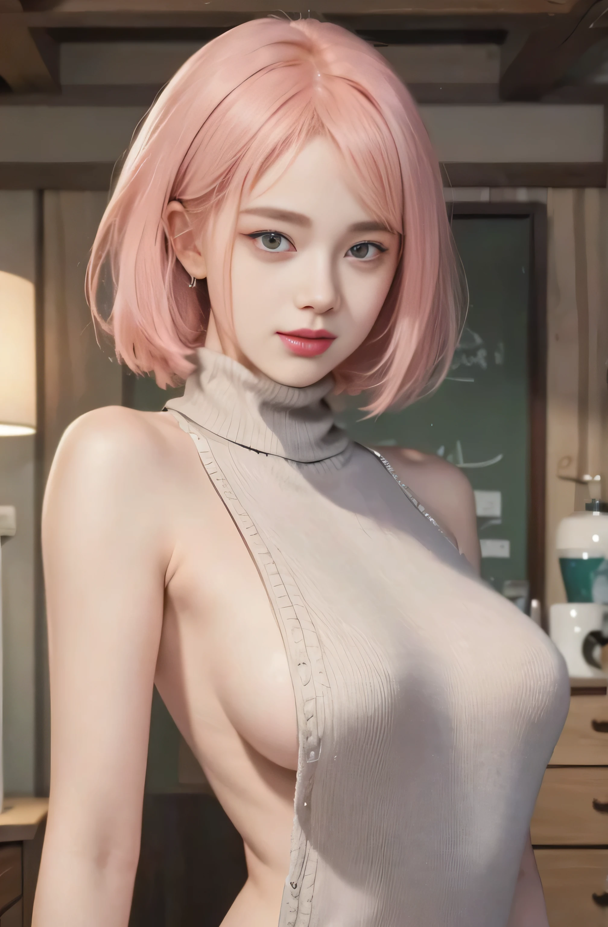 Realistic,masterpiece, best quality, (realistic,photo-realistic:1.4), (RAW photo:1.2),extremely detailed CG unity 8k wallpaper, delicate and beautiful, amazing,finely detail, official art, absurdres, incredibly absurdres, huge filesize, ultra-detailed,extremely detailed eyes and face, light on face,little smile(pink hair:1.3),green eyes,bedroom,sakura,(wearing sweater:1.4),turtleneck