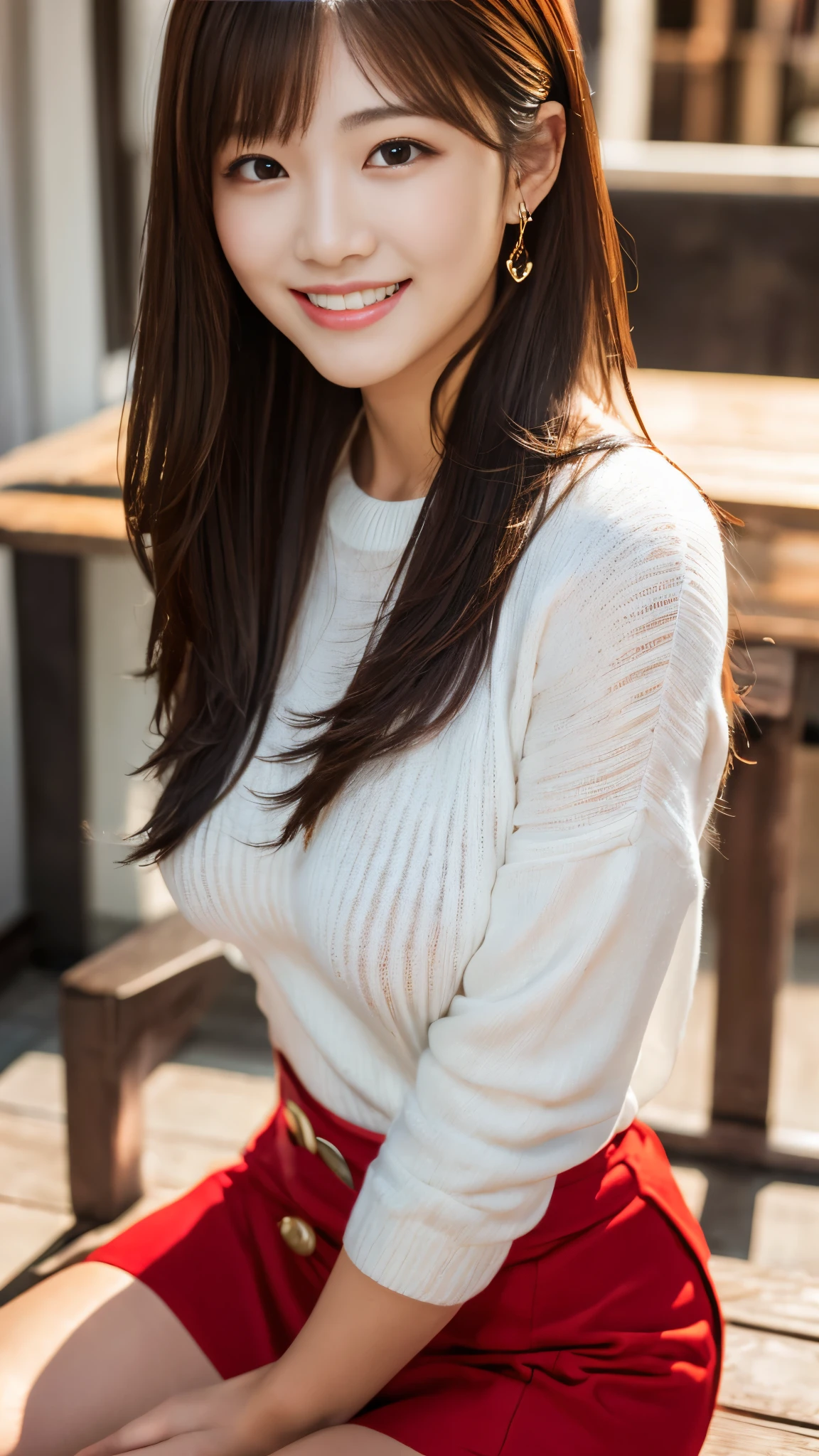(Best Quality, Masterpiece, Photo realistic, Ultra Detailed, ultra high res, raw:1.3), big breasts, 1girl, pretty, Japanese, tight knit, pencil skirt, smile, long hair, bangs, high-waist, boutique, cowboy shot,