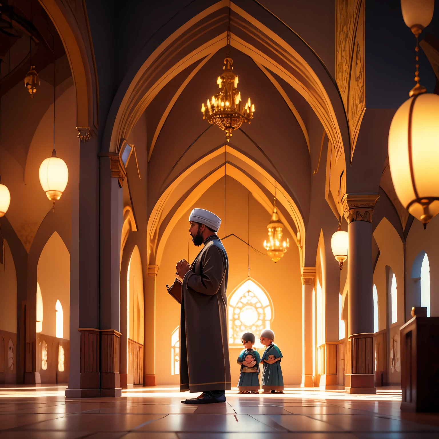 muslim children, islamic children, in mosque, praying, father, mother, boys and girls, praying, reciting quran, full body shot, 8k, XTR, masterpiece:1.2, ultra-detailed, realistic:1.37, HDR, vivid colors, sharp focus, professional, portraits, landscape, studio lighting, bokeh, warm color tones, soft lighting