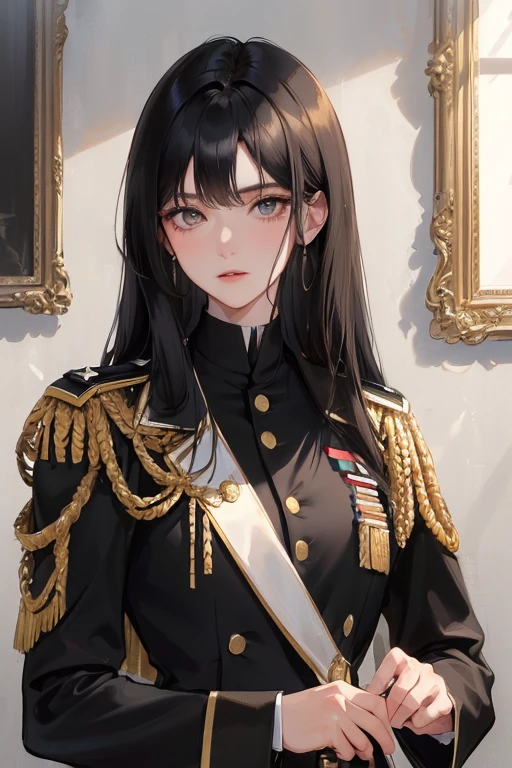 (highest resolution, distinct_image) best quality, woman, masterpiece, high detail, semi-realistic, short black hair, black hair, bangs, 21 years old, shoulder-length hair, mature, young, black clothes, black uniform, military academy beauty heroic heroic posture interior background exquisite and exquisite facial features