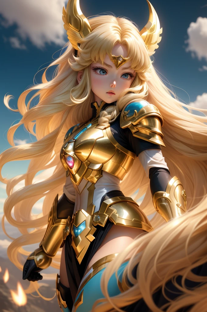  Saint Seiya，1 girl，blond，Gradient，Gradient背景，long hair，solo，1 girl，blond，bow，Gloves，long hair，Fantastic girl，solo ,