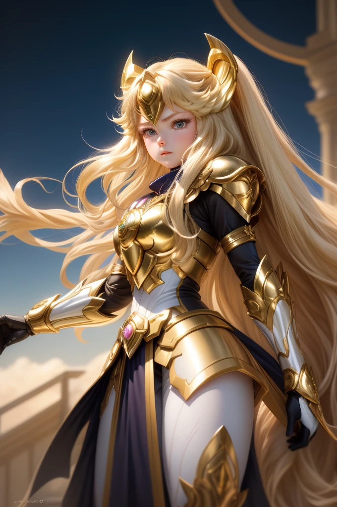  Saint Seiya，1 girl，blond，Gradient，Gradient背景，long hair，solo，1 girl，blond，bow，Gloves，long hair，Fantastic girl，solo ,
