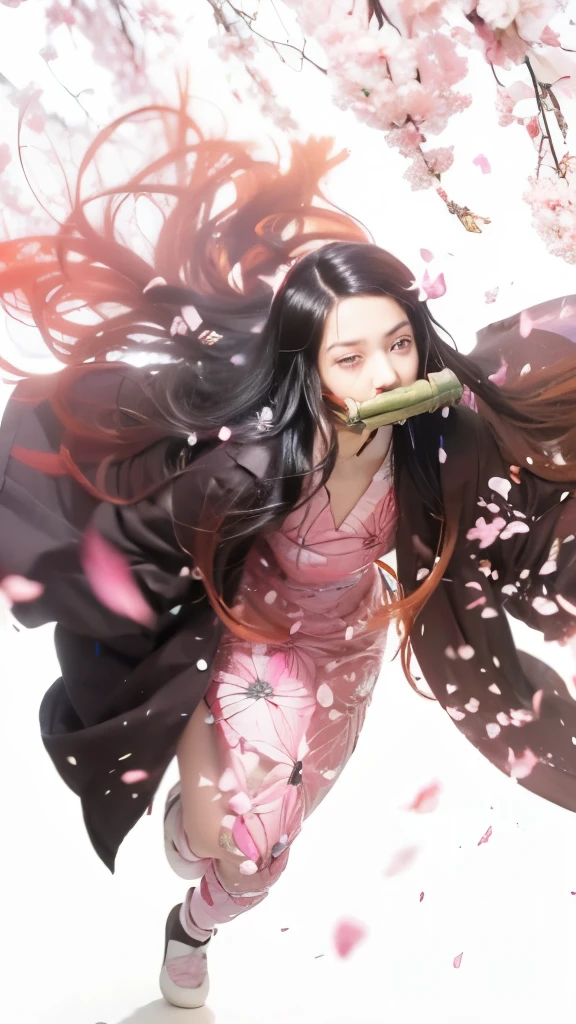 anime girl with long hair flying through the air with a flower in her mouth, nezuko-chan, nezuko, demon slayer artstyle, demon slayer rui fanart, kimetsu no yaiba, handsome guy in demon slayer art, anime illustration, beautiful anime art style, beautiful anime artwork, anime style illustration, high quality anime artstyle,身穿和服,灶门弥豆子Kamado Nezuko,黑色长发,口里咬着竹筒,