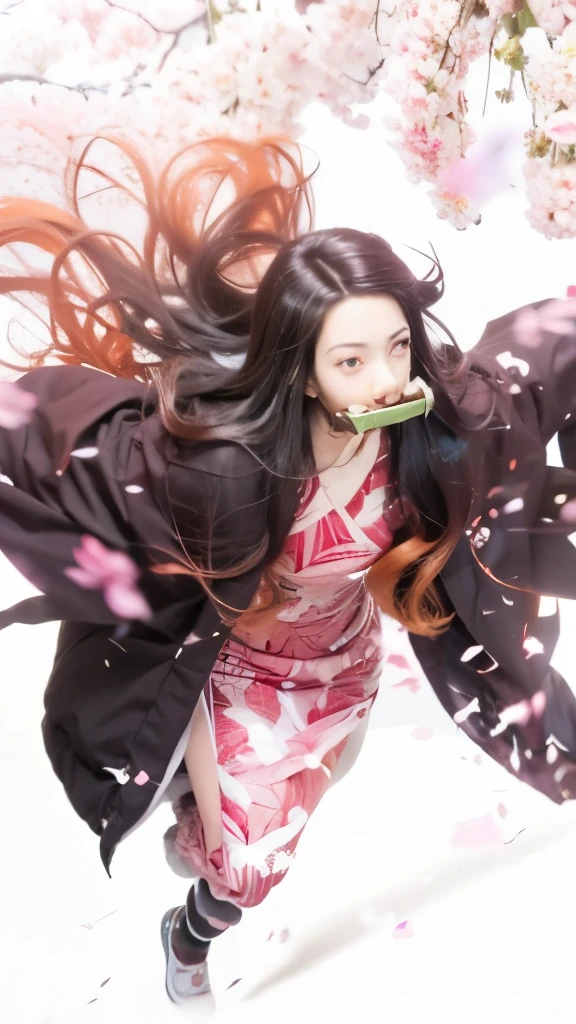 anime girl with long hair flying through the air with a flower in her mouth, nezuko-chan, nezuko, demon slayer artstyle, demon slayer rui fanart, kimetsu no yaiba, handsome guy in demon slayer art, anime illustration, beautiful anime art style, beautiful anime artwork, anime style illustration, high quality anime artstyle,身穿和服,灶门弥豆子Kamado Nezuko,黑色长发,口里咬着竹筒,