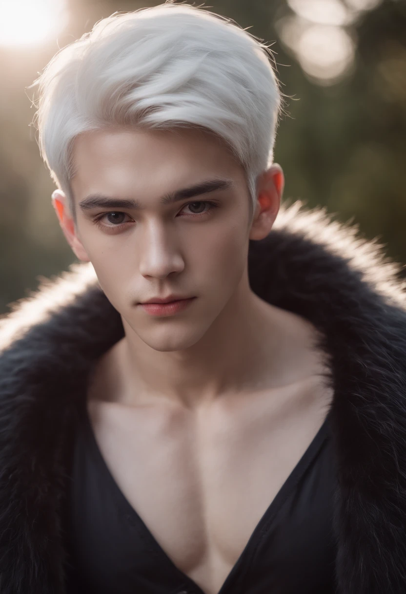 Young man, 20 years old, white hair, two block haircut , shirtless, wearing a black fur coat , reality photo, reality skin, detailed skin, glowing light eyes, Biomechanical, eerie, Creepy, nightmarish, Very bright colors, Light particles, with light glowing, Mshiff, wallpaper art, UHD wallpaper