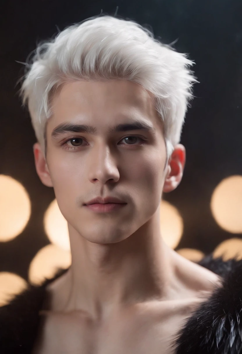 Young man, 20 years old, white hair, two block haircut , shirtless, wearing a black fur coat , reality photo, reality skin, detailed skin, glowing light eyes, Biomechanical, eerie, Creepy, nightmarish, Very bright colors, Light particles, with light glowing, Mshiff, wallpaper art, UHD wallpaper