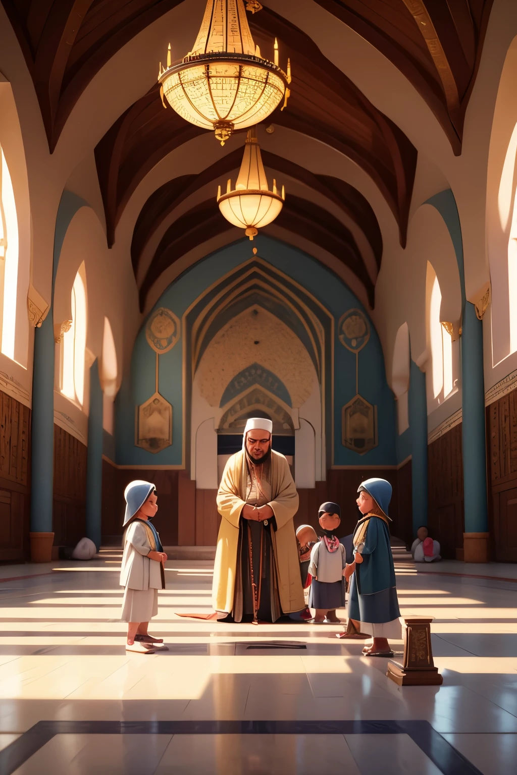 muslim children, islamic children, in mosque, praying, father, mother, boys and girls, full body shot, 8k, XTR, masterpiece, high quality, high detailed