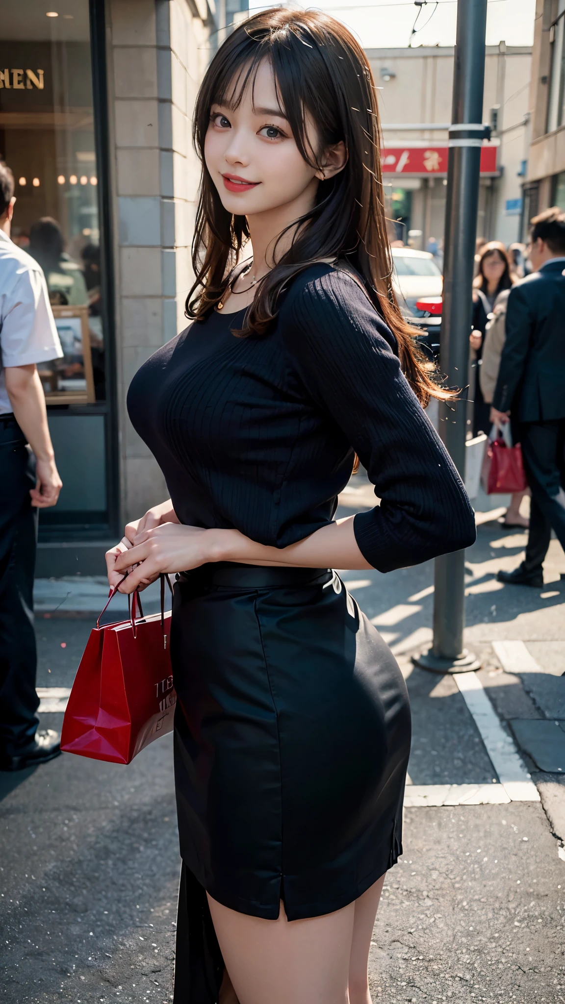 (Best Quality, Masterpiece, Photo realistic, Ultra Detailed, ultra high res, raw:1.3), big breasts, 1girl, pretty, Japanese, tight knit, pencil skirt, smile, long hair, bangs, high-waist, necklace, (department store)
