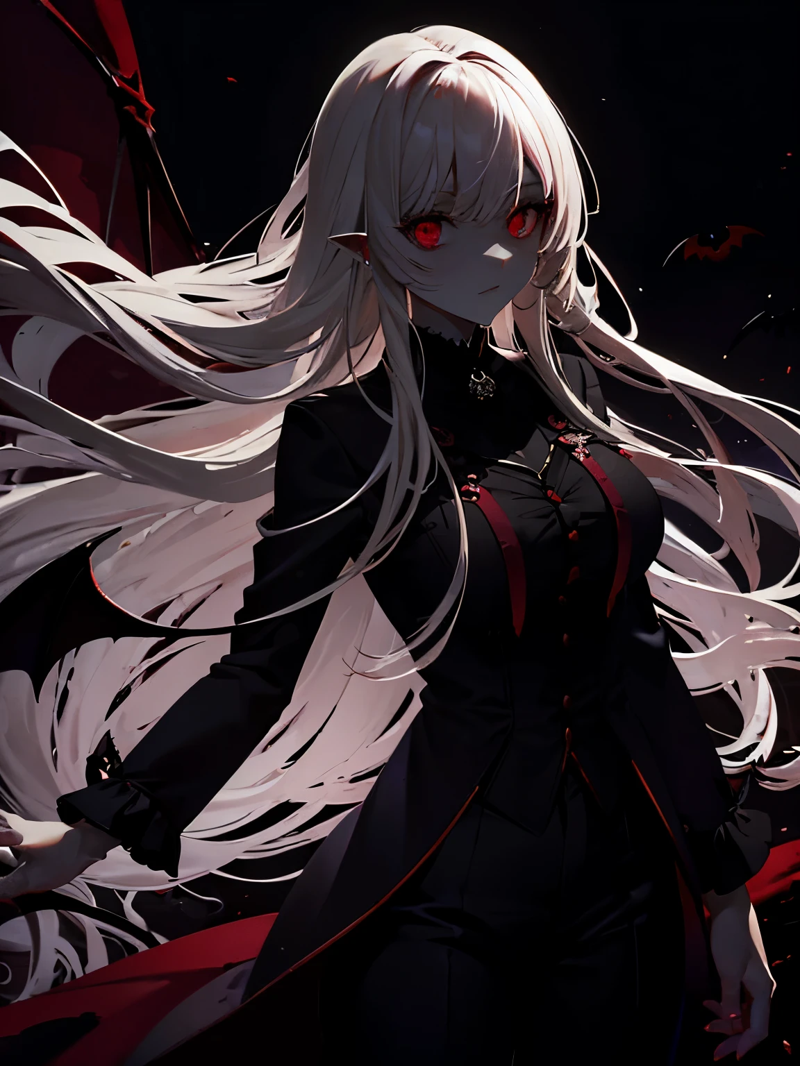 vampire adult woman、big bat wings、Bats around、big red moon behind、Big castle、gothic  pants pants、very long blonde hair、highest quality、masterpiece、1 female、Alone,red eyes、red glowing eyes、