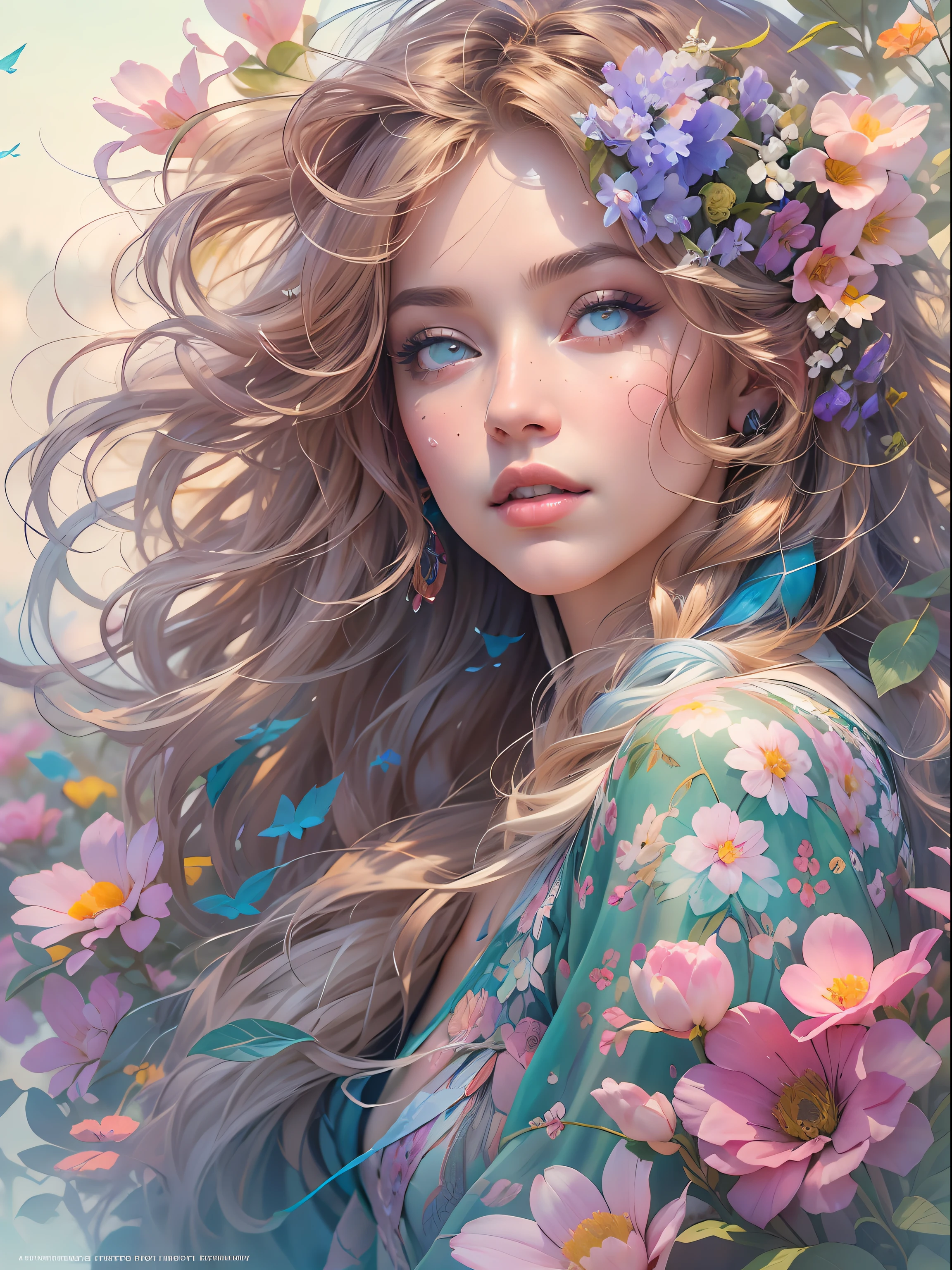 This work of art is dreamy and in the style of mythical fantasy, con suaves tonos de acuarela en distintos tonos de rosa, azul, y morado. Generates an ornate figure from Greek mythology and realistic skin and hair texture.. su fuerte, La cara orgullosa tiene ojos sombreados de forma realista y labios hinchados., y una boca grande. su suave, realistic hair is dancing in the breeze along with the flores and detailed butterflies that surround her. Include muy detallado fantasy touches including a beautiful watercolor sky. Incluye ojos de 8k, contrata ojos, hermosos detalles ojos, hermosos ojos detallados, y ojos realistas. Include fancy details, detalles mejorados, iridiscencia, y brillo colorido. Pay special attention to your face and make sure it is beautifully detailed and realistically.. 8k, intrincado, elegante, muy detallado, majestuoso, digital photography, Arte de Artgerm, Ruan Jia y Greg Rutkowski., (((obra maestra, hermosos ojos finamente detallados: 1.2))), HDR, ((textura de piel realista)), rayos de luz, ornate flores, dew drops, luz de sol, rayos de sol brumosos, estilo de entrada de flores, castillo, palacio, arco, flores, creciente