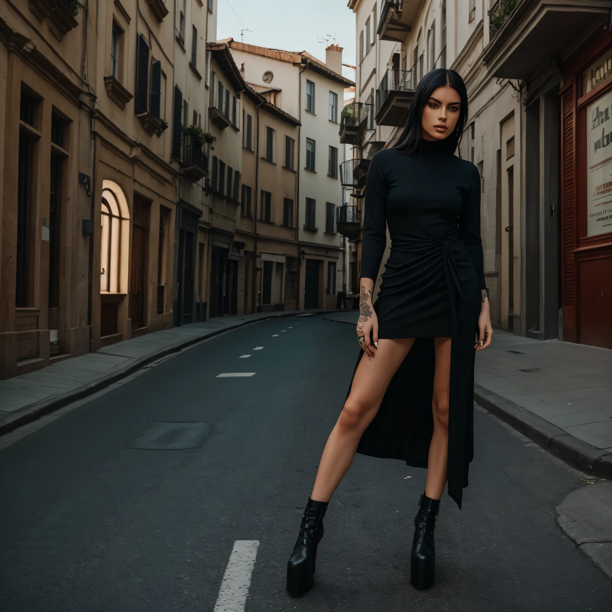 Create an image of a handsome Italian female model emmanorts for balenciaga, Tough, eyed, Savage, Intimidating, Wearing a luxurious balenciaga dress, Tattoos are, (torso shot), smokes. Stand in the middle of the street