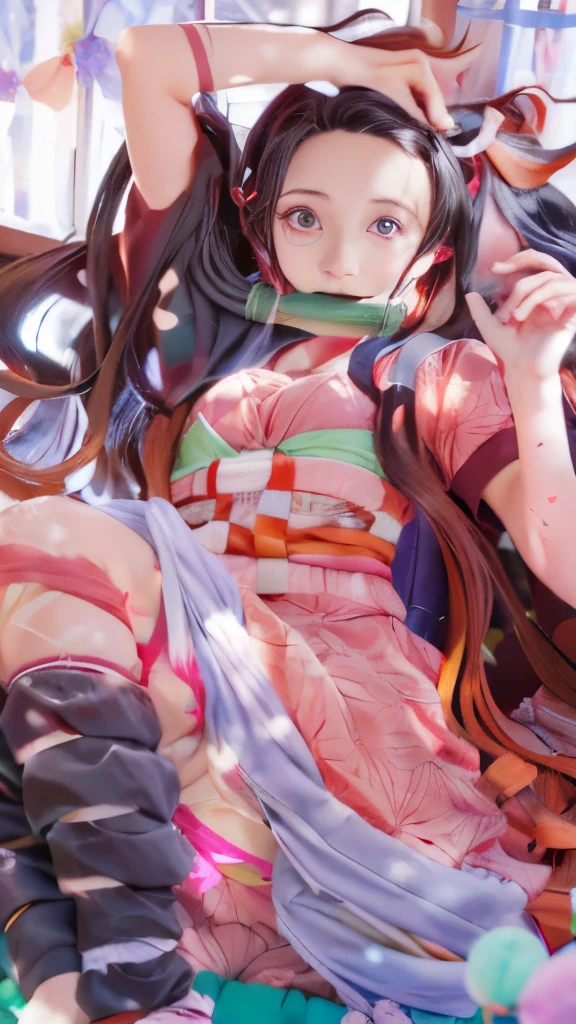 anime girl with long hair and a pink dress sitting on a bed, nezuko-chan, nezuko, reimu hakurei, artistic render of reimu hakurei, ahegao, hanayamata, beautiful anime artwork, by Jin Homura, clean detailed anime art, by Kamagurka, anime wallaper, detailed anime artwork