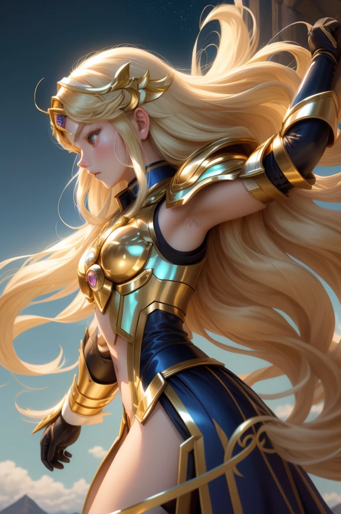  Saint Seiya，1 girl，blond，Gradient，Gradient背景，long hair，solo，1 girl，blond，bow，Gloves，long hair，Fantastic girl，solo ,