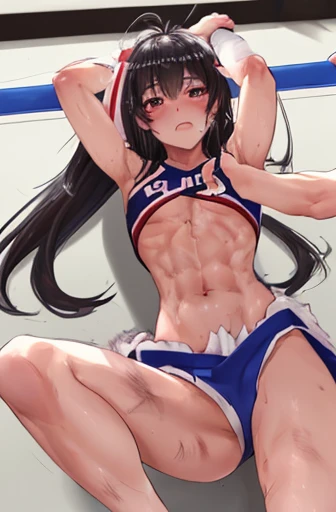 Fainting and losing。Beautiful girl idol mixed martial artist competing in a martial arts ring。Sweat。muscle。six pack。naked。lying on one's back。scratch。Bruise。