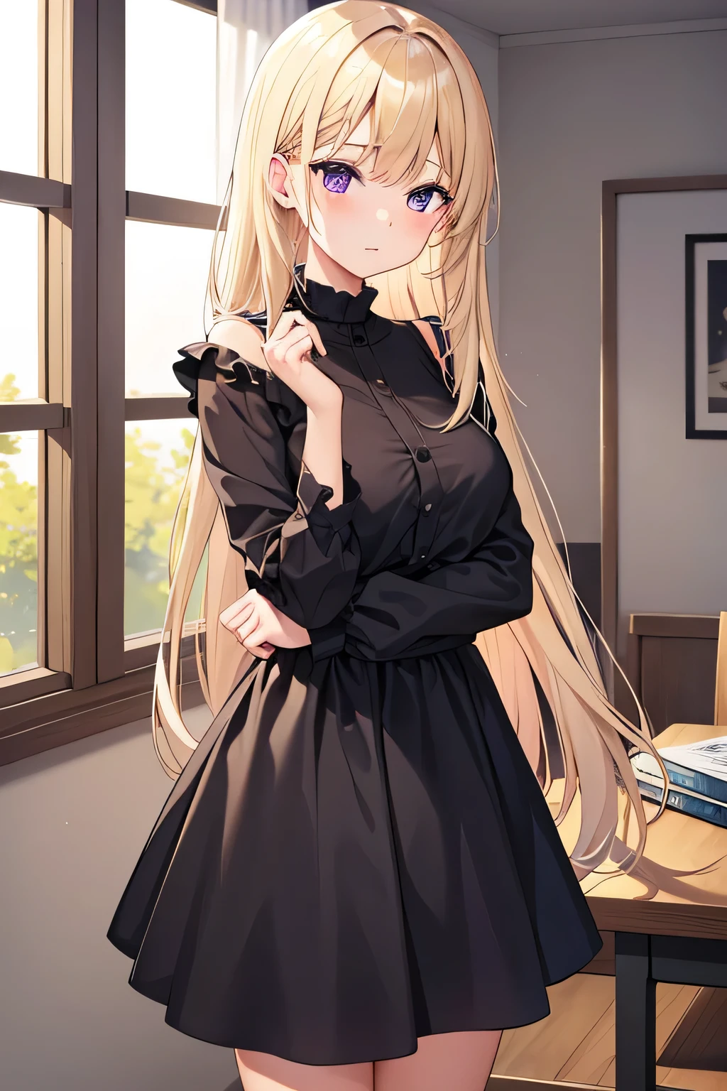 blonde hair, housing masterpiece, 1 girl cute, hair ornaments, 8k quality, 8k resolutions, long hair, purple eyes, wearing black dress, official art,