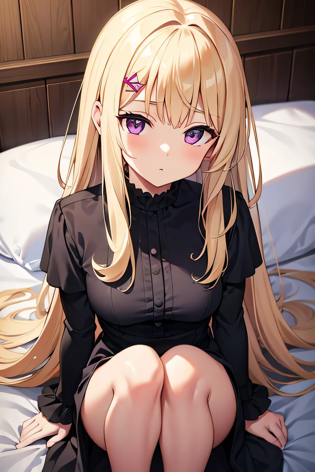 blonde hair, housing masterpiece, 1 girl cute, hair ornaments, 8k quality, 8k resolutions, long hair, purple eyes, wearing black dress, official art, 