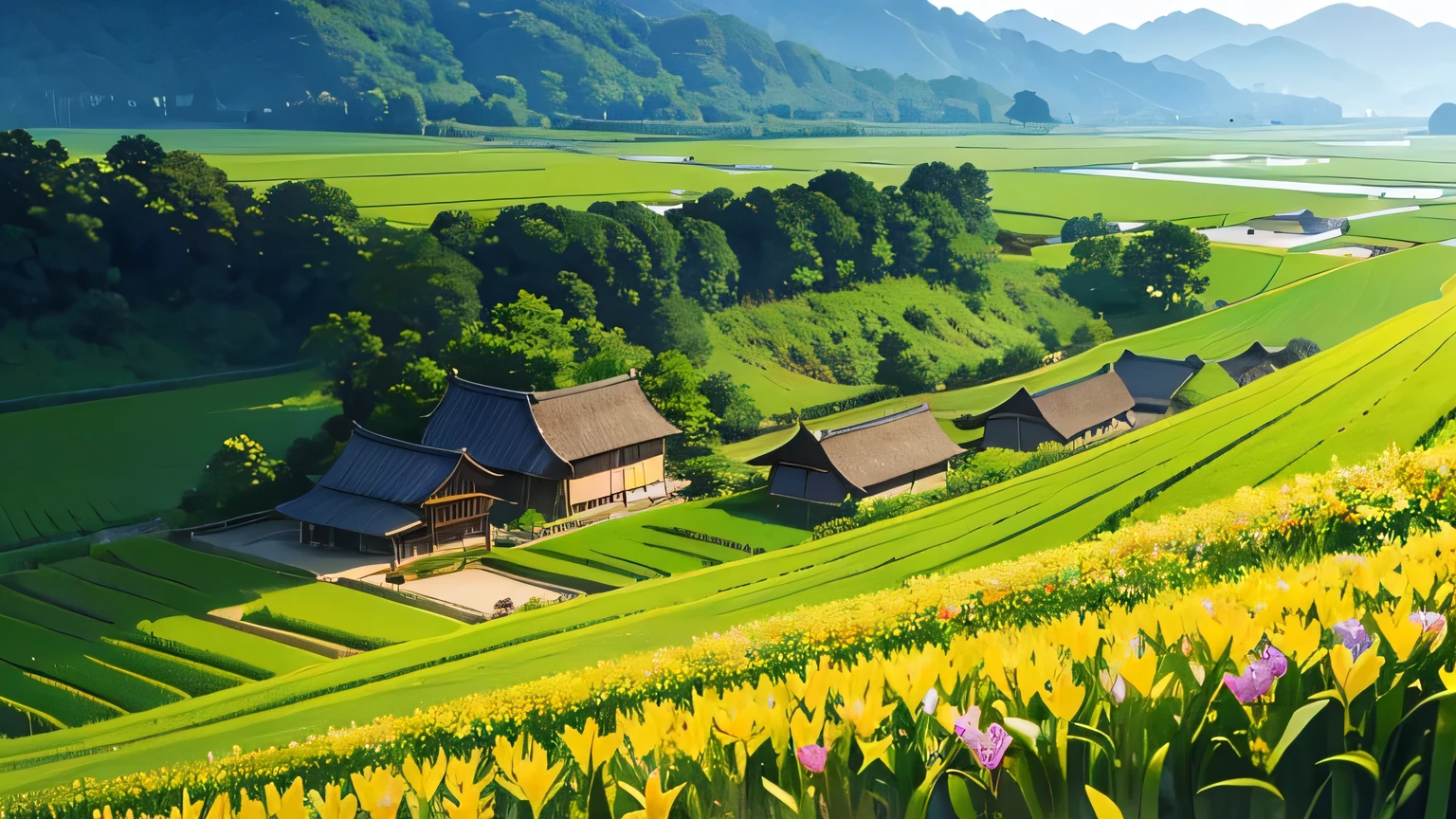 There is a golden rice field here. There is a village behind the rice fields. behind the village, There are bamboo forests. There are many flowers and plants around the rice fields.