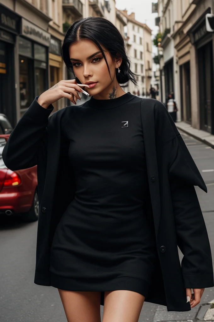 Create an image of solo handsome Italian female model emmanorts for balenciaga, Tough, savage, Intimidating, Wearing a luxurious balenciaga dress, Tattoos are, (torso shot), smokes. Stand in the middle of the street