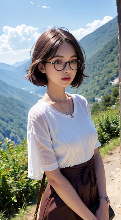 Top quality, detailed, 8K, 4K, high resolution, detailed, beautiful round glasses woman, summer clothes, light clothes, in the mountains,