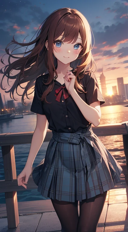 ((best quality, high resolution, pixel perfect, 4K))), 1girl in, single, alone, Beauty、see whole body、 ((Long hair to waist, Short Liuhai, reddish brown hair)), ((blue eyes, beautiful eyelashes, realistic eyes)), ((Detailed face, blush:1.2)), ((smooth texture:0.75, lifelike质感:0.65, lifelike:1.1, Anime CG style)), medium breasts, Perfect body, ((short sleeve shirt, light blue skirt, Plaid skirt,Black tights)), smile in love, Holding hands on railing, Look down from above、(The wind is strong and blows my hair,The chest is exposed、Black tights) , Night view platform