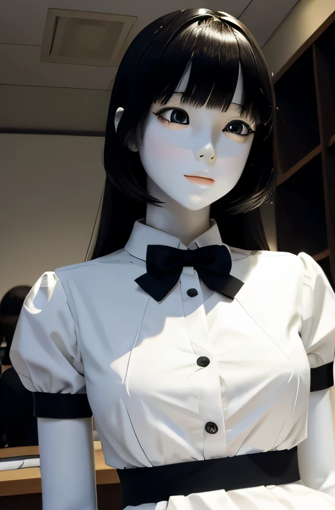 One mannequin deep kisses the computer,That mannequin is Erika Ikuta.,That mannequin is 20 years old.,mannequin color&#39;my face is white.,mannequin color&#39;The body is pure white.,The mannequin has black hair(Bangs Patsun),mannequin color&#39;eyes are black.mannequin is wearing a girl&#39;high school uniform.,a mannequin is sitting
