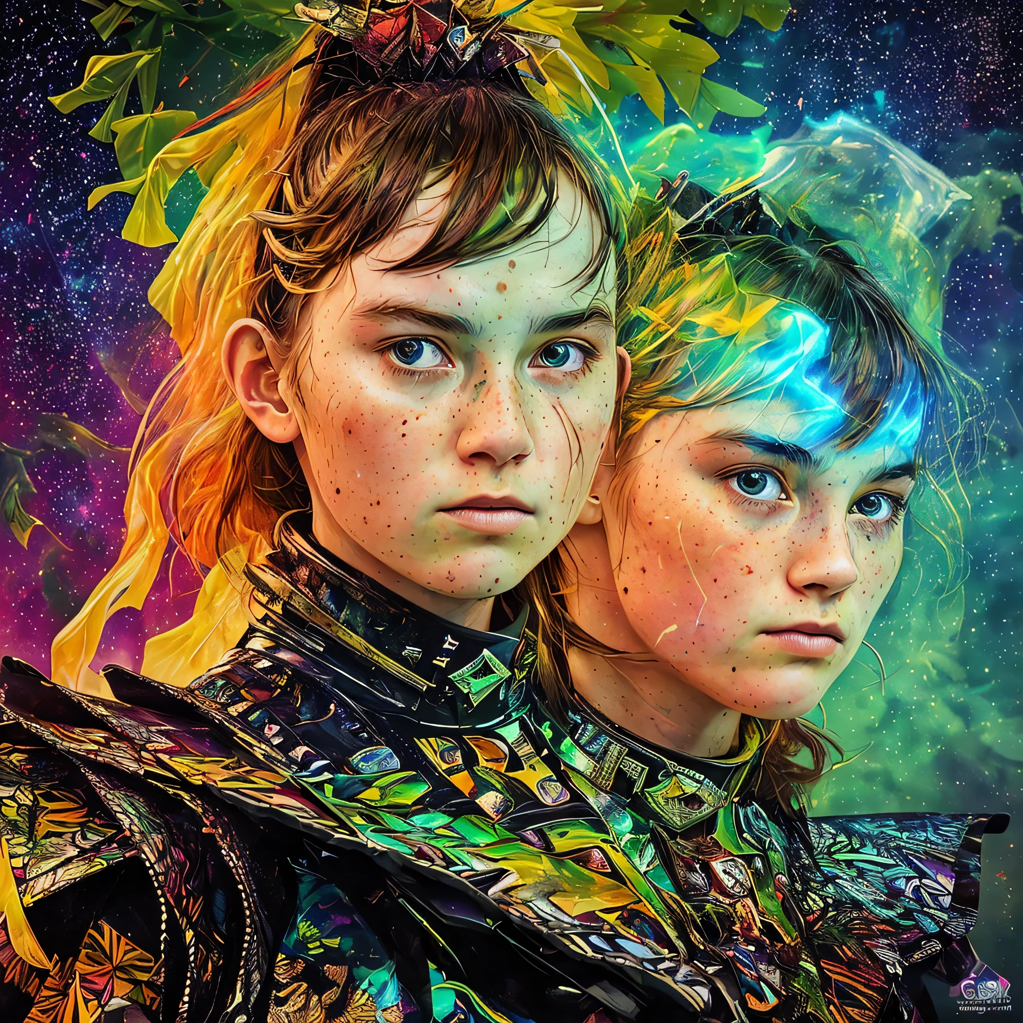 a digital painting of a woman's face surrounded by leaves, fantastical epic, design milk, anthropological photography, nebula aura surrounding subject, each faces precisely define, panoramic view of girl, jane clarke, of a young woman, ophelia
