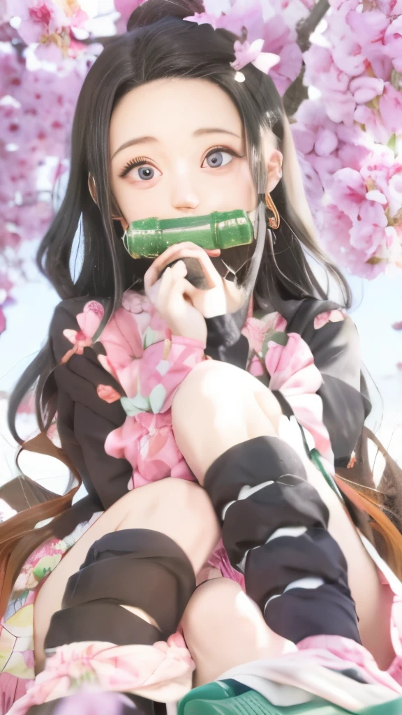 anime girl with a green bottle in her mouth sitting under a tree, nezuko-chan, nezuko, hanayamata, shikamimi, demon slayer rui fanart, shirabii, anime visual of a cute girl, ahegao, kaguya ōtsutsuki, the non-binary deity of spring, the anime girl is crouching