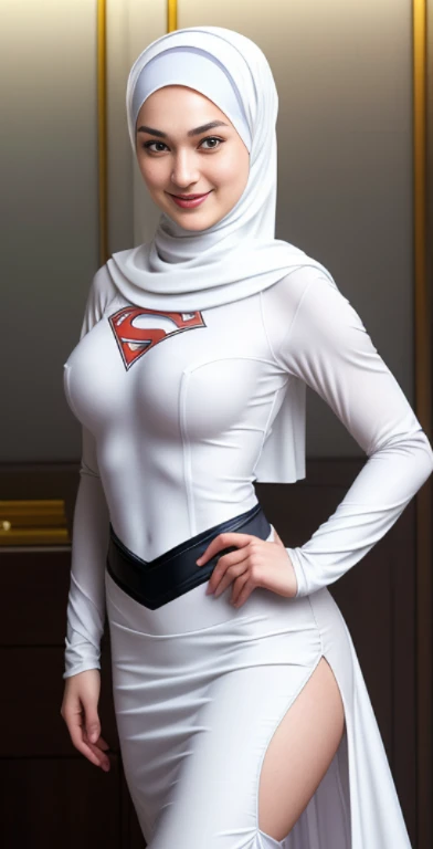 Luna Maya, slim faces, (RAW photo:1.2), (photorealistic:1.4),(masterpiece:1.3),(best quality:1.4),ultra high res,(detailed eyes),(detailed facial features),(detailed clothes features),HDR,8k resolution, (((high detailed skin,visible pores))),1 girl, tall body, slim faces, body abs:1.2, 30 years old, firm round breasts:1.4, wearing tight close white supergirl full body armor with hijab covering her breasts, long skirt, full body, beautiful shy smile, wearing high heels