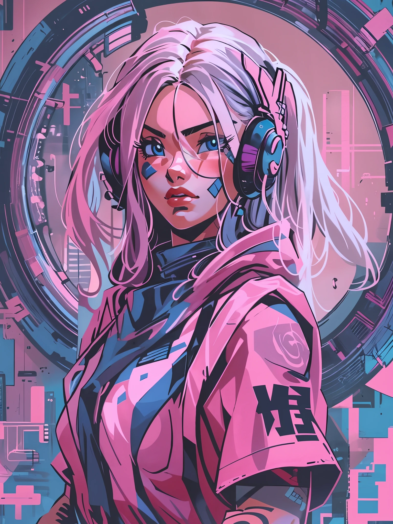 1monk warrior girl with pink techwear clothes, blue long hair, laces, abstract vintage scifi background