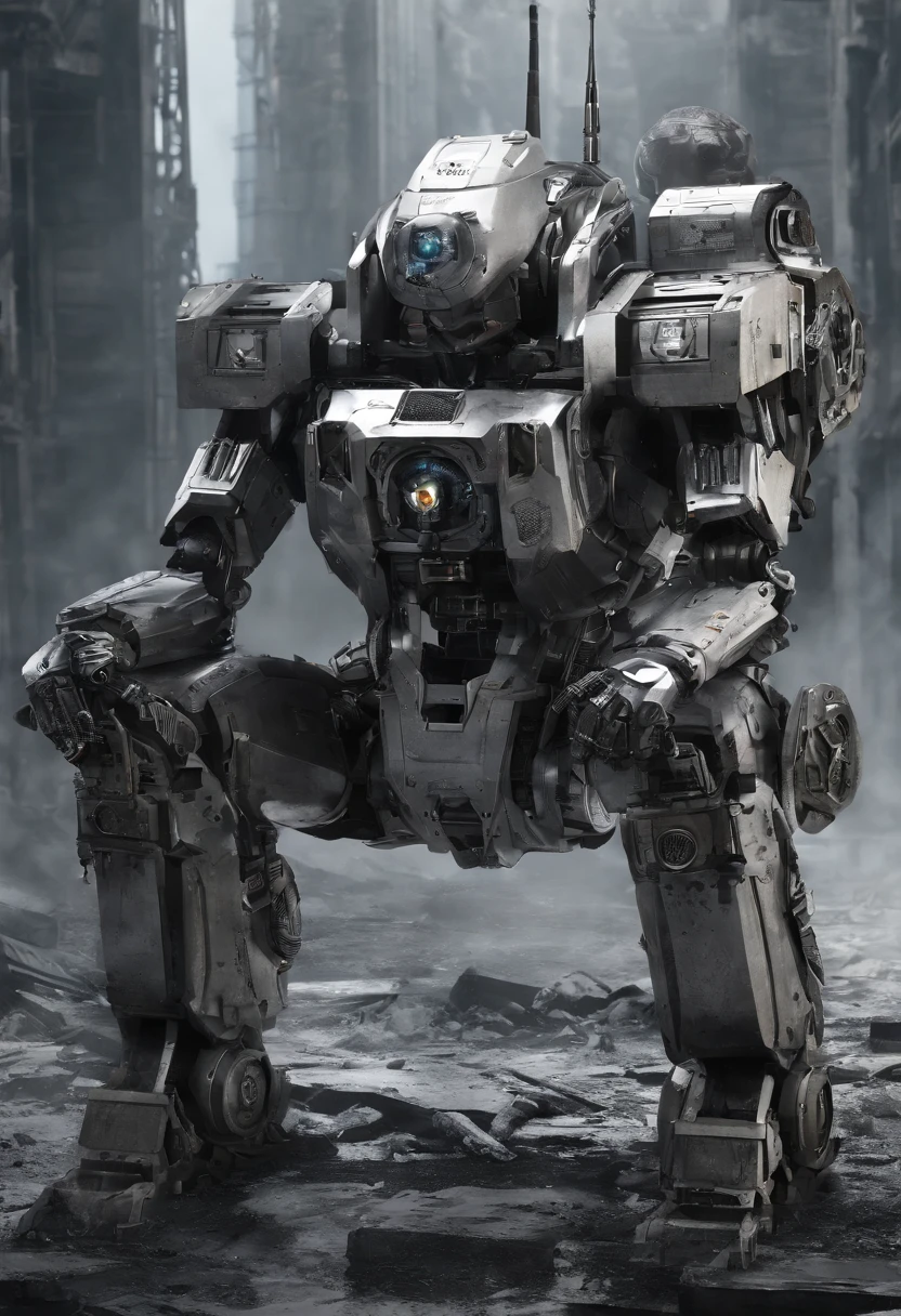 mechanical,robot,weapons,sturdy,Combat use,Color is silver,A round crystal ball is embedded in the chest.,Chest is weak point,firearm in arm,thrusters on legs,face is monitor,jetpacks,