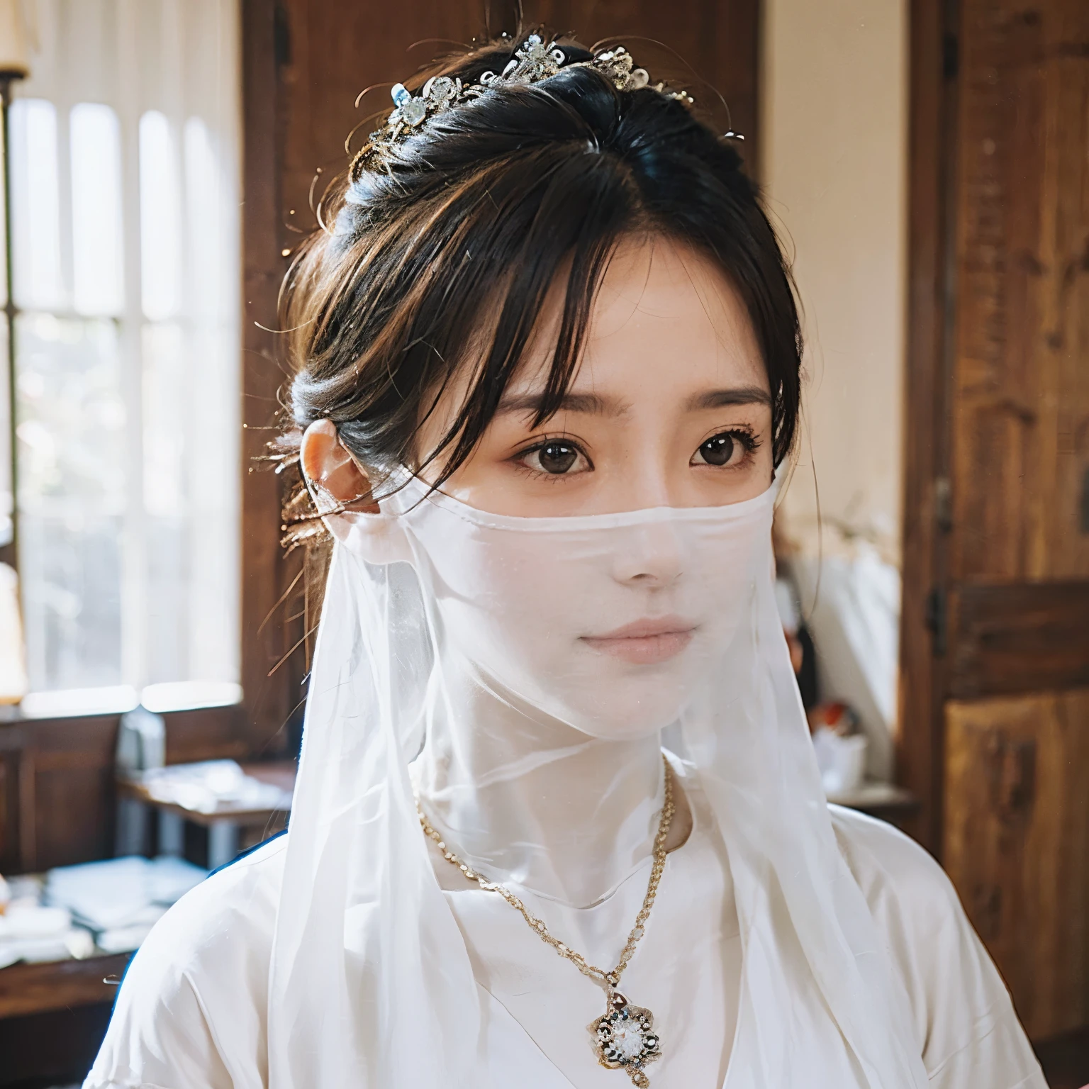 Head close-up(((Eyes are very delicate)))(((hair accessories)))(((veil))),necklace,Wearing a white transparent sexy silk dress, ((glowing skin))The room is filled with Chinese New Year decorations(((masterpiece))), ((best quality)), ((intricate details)), ((Surrealism))(8k)RAW photos