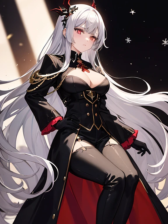 A girl, crimson eyes, and her long snowflakes white hair that fades strawberry through the end of hair, she is wearing a black coat with decorated gold intricate, and white dress shirt and black shoulder harness on her chest, she is wearing a black and red gloves on hands, and black jeans as she wearing a black boots