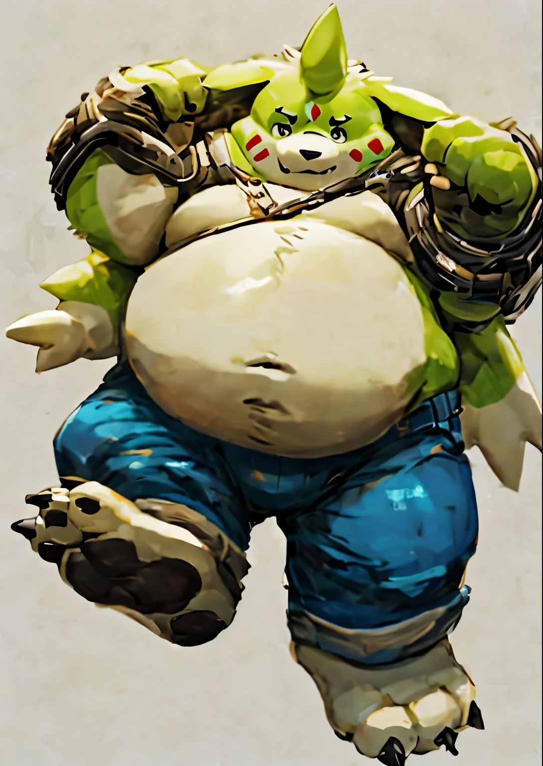 alone，male，chubby，Fat minora，Shirtless，victory pose， alone， detailed， high resolution，， masterpiece，Excessive obesity，Obesity in the extremities，Lift your feet，foot in the air，correct body proportions，overweight，briefig bulge，Gargomon，roadhog