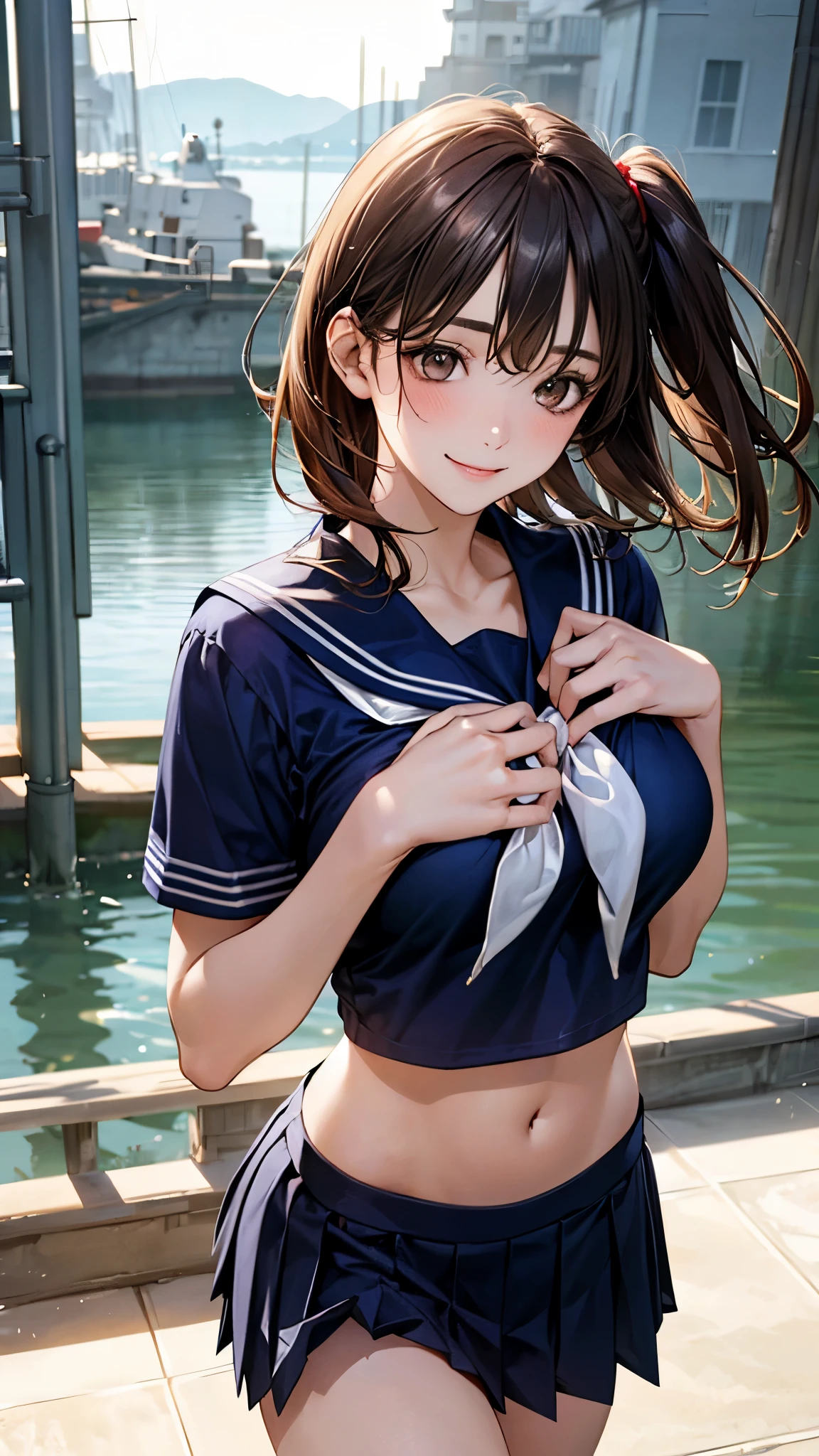 (masterpiece:1.2, top-quality), (realistic, photorealistic:1.4), beautiful illustration, (natural side lighting, movie lighting),
looking at viewer, upper body, (front view), 1 girl, japanese, 16 years old, perfect face, cute and symmetrical face, shiny skin, babyface,
(middle hair:1.2, (two side up:1.2), light brown hair), gold eyes, (large breasts:0.6, seductive thighs),
beautiful hair, beautiful face, beautiful detailed eyes, beautiful clavicle, beautiful body, beautiful chest, beautiful thigh, beautiful legs, beautiful fingers,
(short sleeves, all navy cute sailor suit, navy pleated skirt, navy sailor collar, red sailor scarf, midriff),
(beautiful scenery), evening, riverside, walking, hands on chest, (lovely smile, upper eyes),