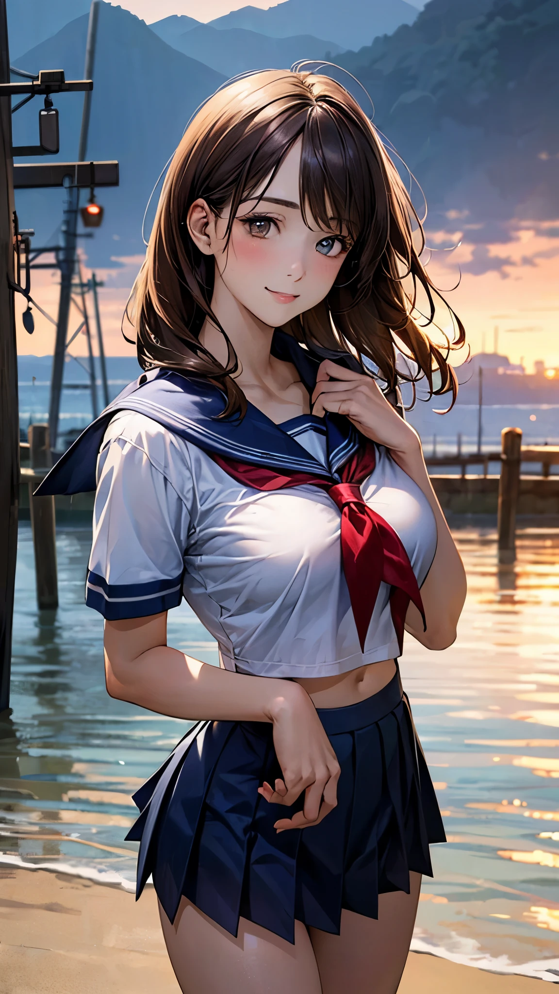 (1ung girls), (highly detailed Beautiful face), Amazing face and eyes, (Best Quality:1.4), (Ultra-detailed), (extremely detailed CG unified 8k wallpaper), Highly detailed, High-definition raw color photos, Professional Photography, Realistic portrait, Amazing face and eyes, Pink eyes, (hi-school uniform, pleated mini skirt:1.3), ((hi-school uniform with open chest)), brown hair, model, smile shyly, (((Bokeh))), depth of fields, depth of fields, beach, twilight, sunset, (view from side:1.2),