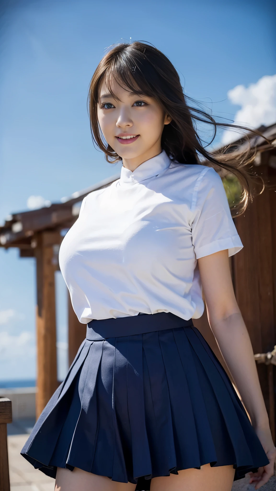 RAW photo, 1 girl, incredibly absurd, beautiful girl, (cute), (One knot in the braid), Depth of written boundary, High resolution, Super detailed, (delicate), very detailed, highly detailed eyes and face, sharp pupils, realistic student, sharp focus, cinematic lighting, Eye and face details, (Japanese high school short sleeve uniform), Cowboy Shot Full Body, (wind lift:1.8), cameltoe, High school rooftop, shy smile, Seduce, Big breasts that are about to burst, Close-up, perfect body, (look up from below), Summer Cloud