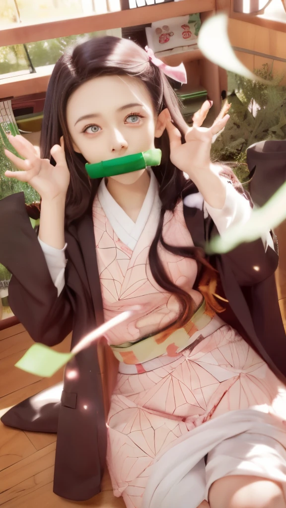 anime girl with a green tape around her mouth and mouth, nezuko-chan, nezuko, demon slayer rui fanart, kimetsu no yaiba, demon slayer artstyle, by Shingei, 🍁 cute, anime visual of a cute girl, handsome guy in demon slayer art, sakura haruno in slug sage mode